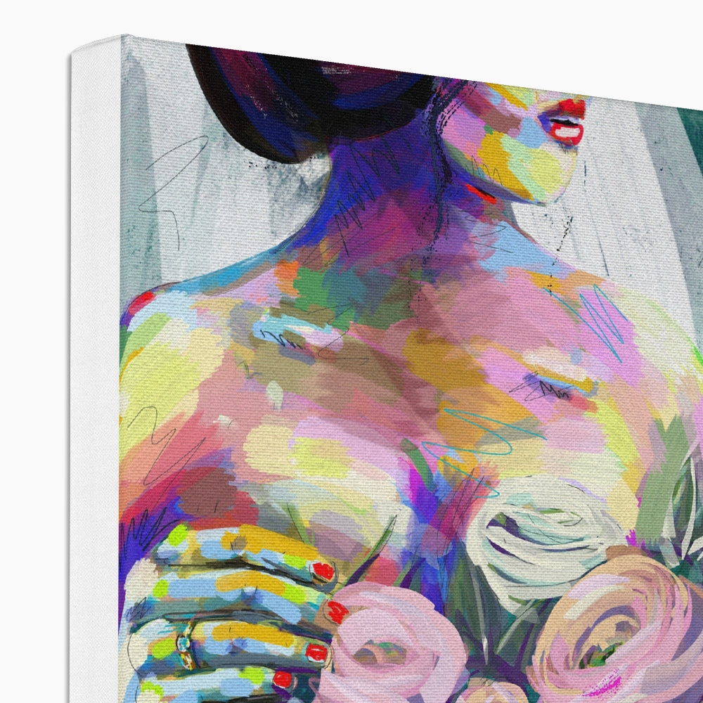 Multicolor Art Of Girl Holding Flowers Canvas