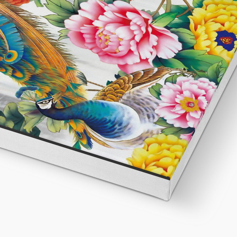 Peacock & Blooming Flowers Canvas