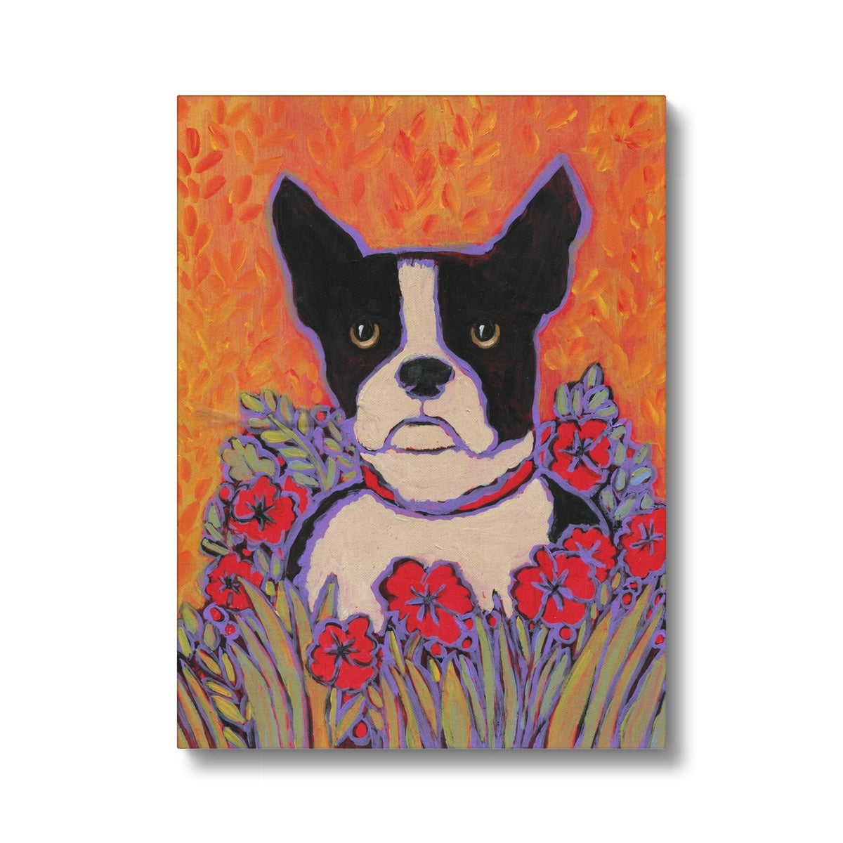 Flowers & Red Boston Terrier Painting  Canvas