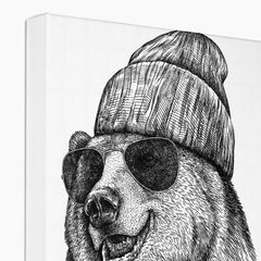 Black & White Bear With Glasses & Beanie Canvas