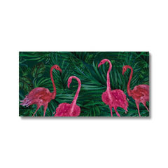 Flamingos & Green Grass Leaves Painting  Canvas