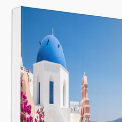 Pink Flower & Blue Dome Church Santorini Canvas