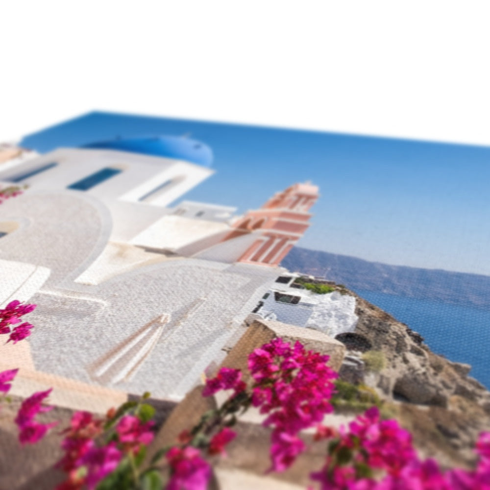 Pink Flower & Blue Dome Church Santorini Canvas