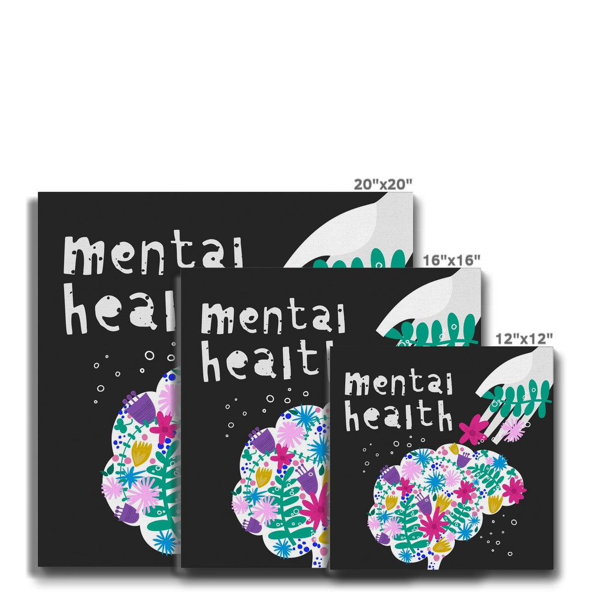 "Mental Health" Brain With Flowers Illustration Canvas