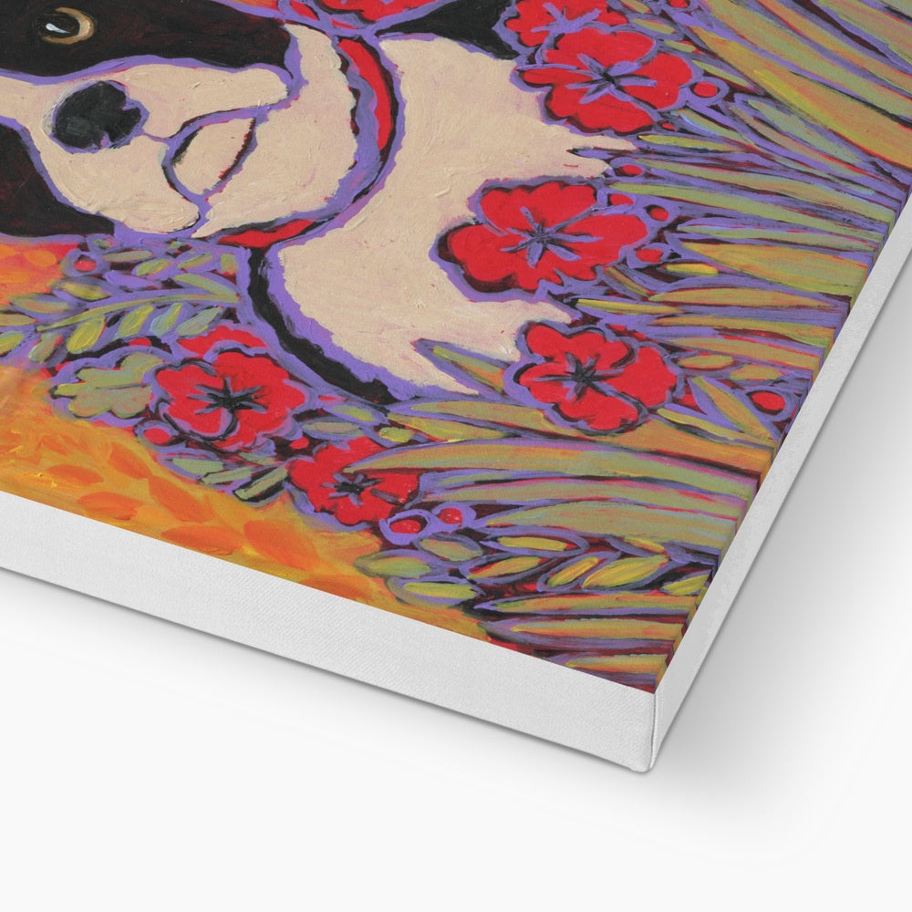 Flowers & Red Boston Terrier Painting  Canvas