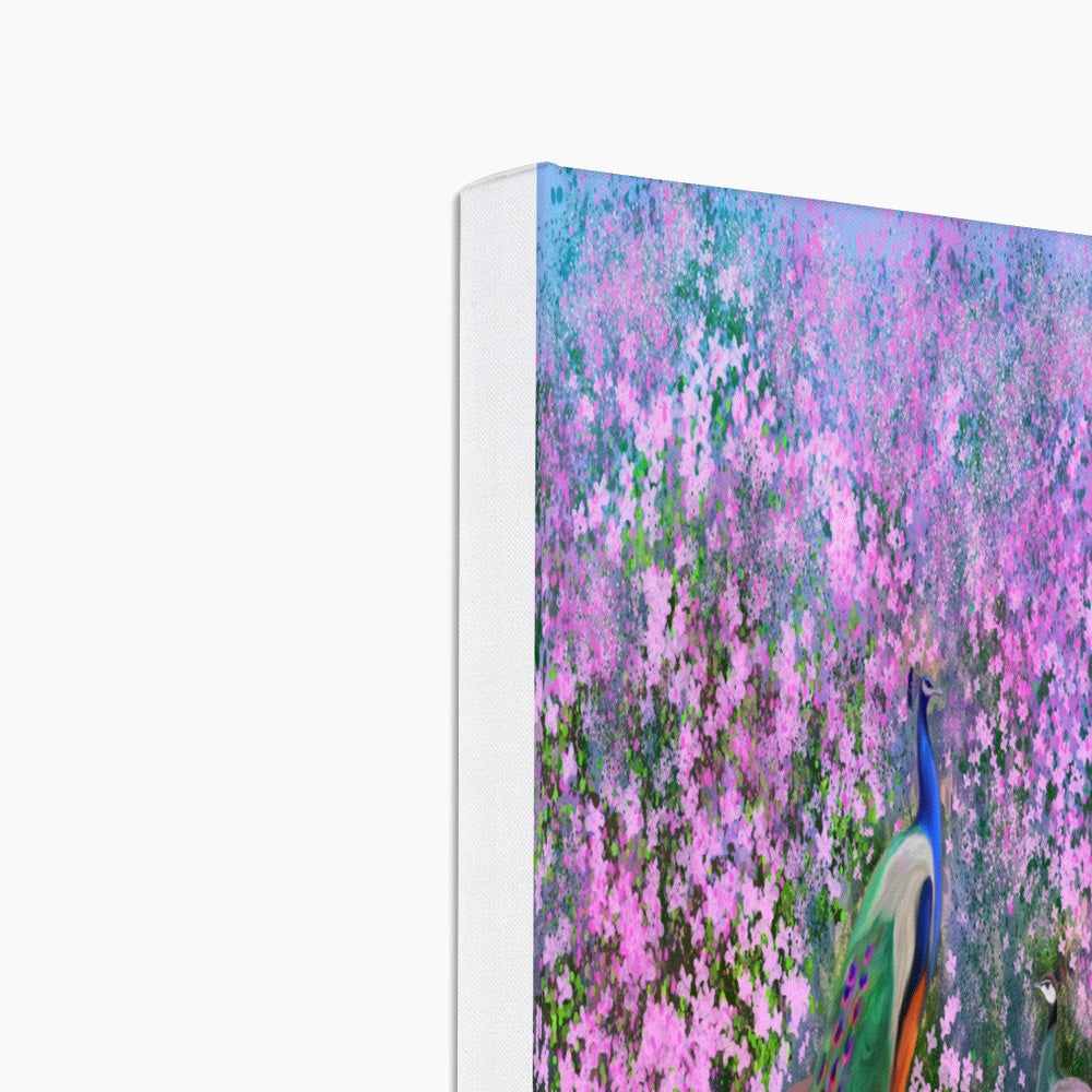 Peacocks in Pink Flower Garden Canvas