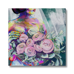 Multicolor Art Of Girl Holding Flowers Canvas