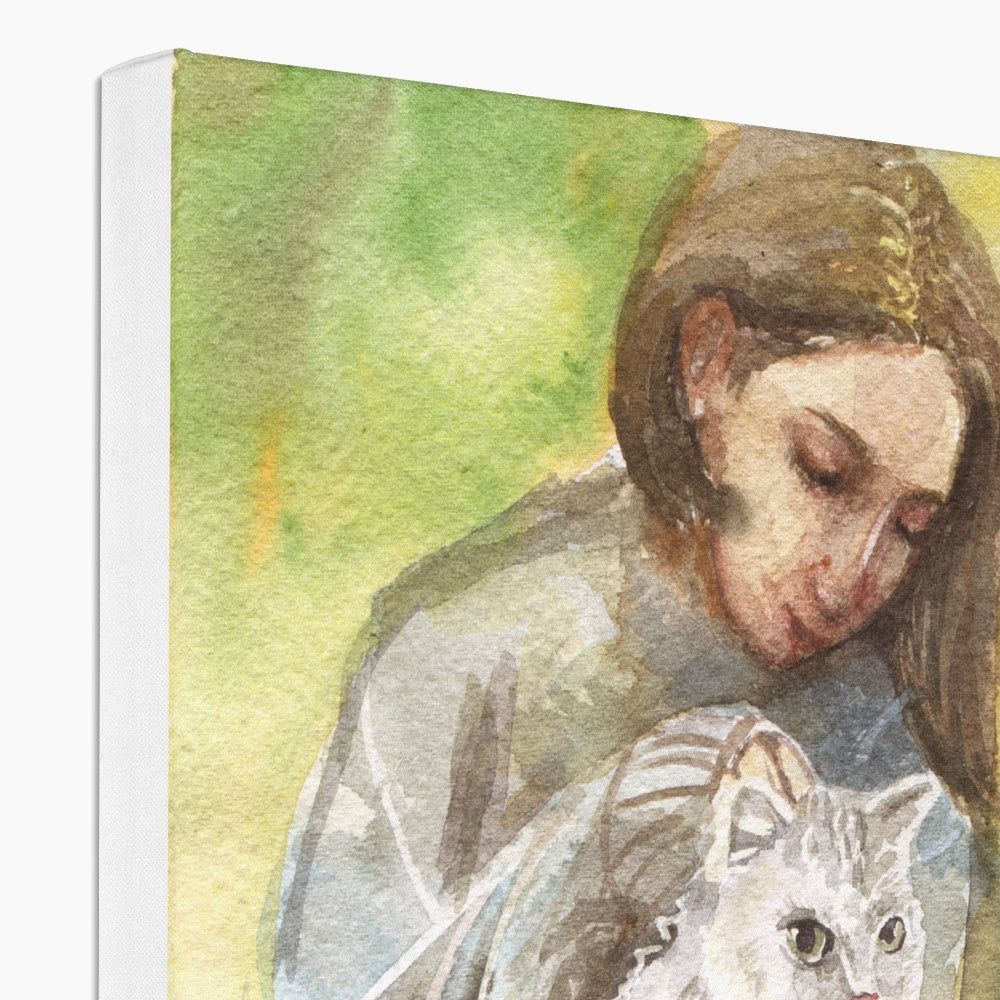 Girl Playing With White Cat Canvas