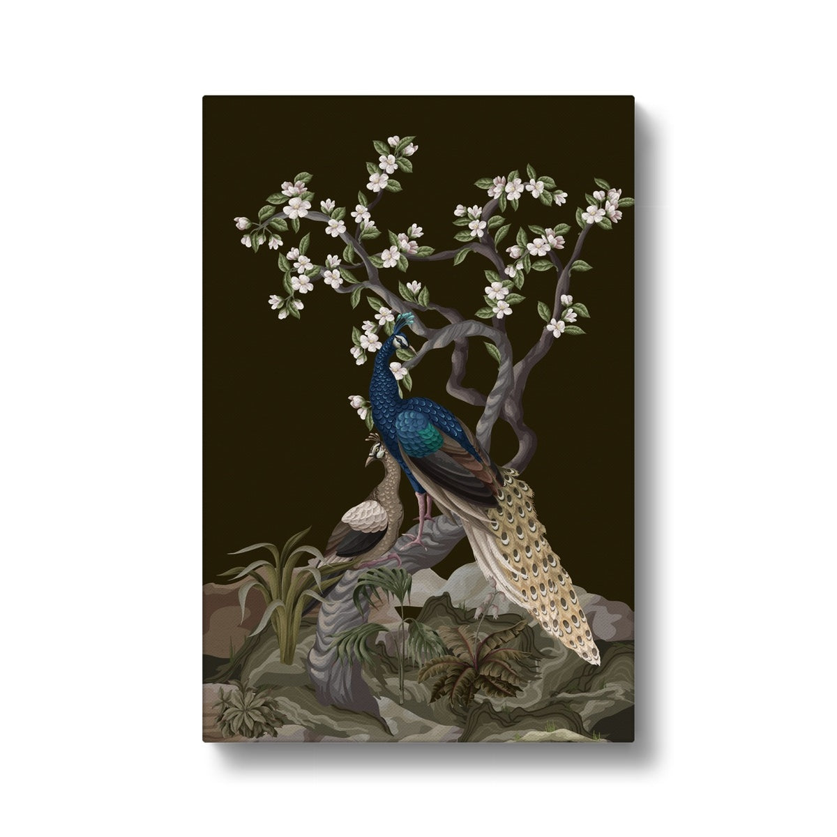 Peacock & White Flowers Canvas