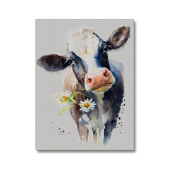 Cow With Daisy Flowers Canvas