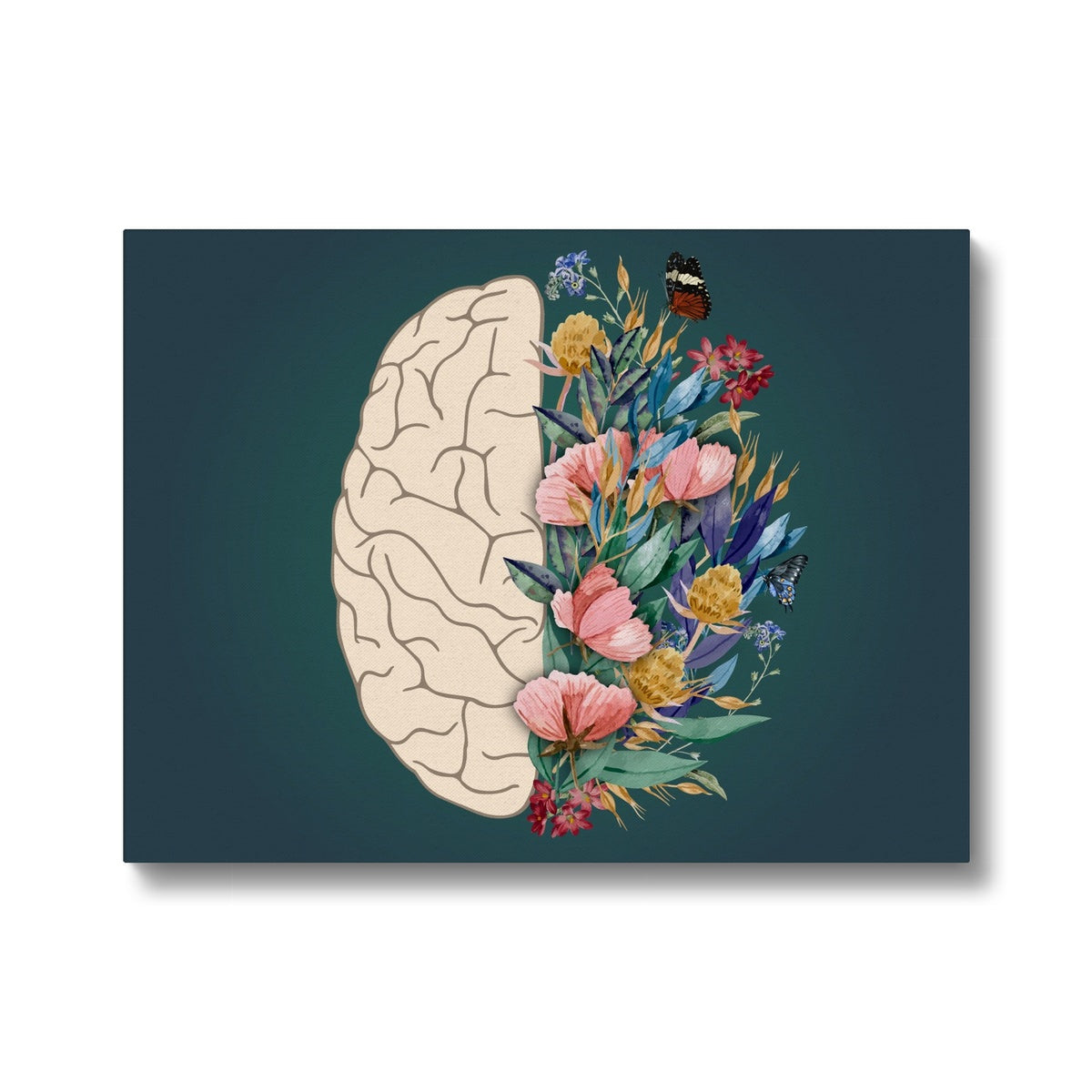 Brain With Flowers , Green Illustration Canvas