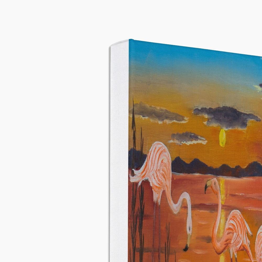 Flamingos, Beach & Sunset Canvas