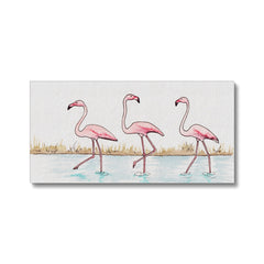 Three Flamingos In Lake Portrait Canvas