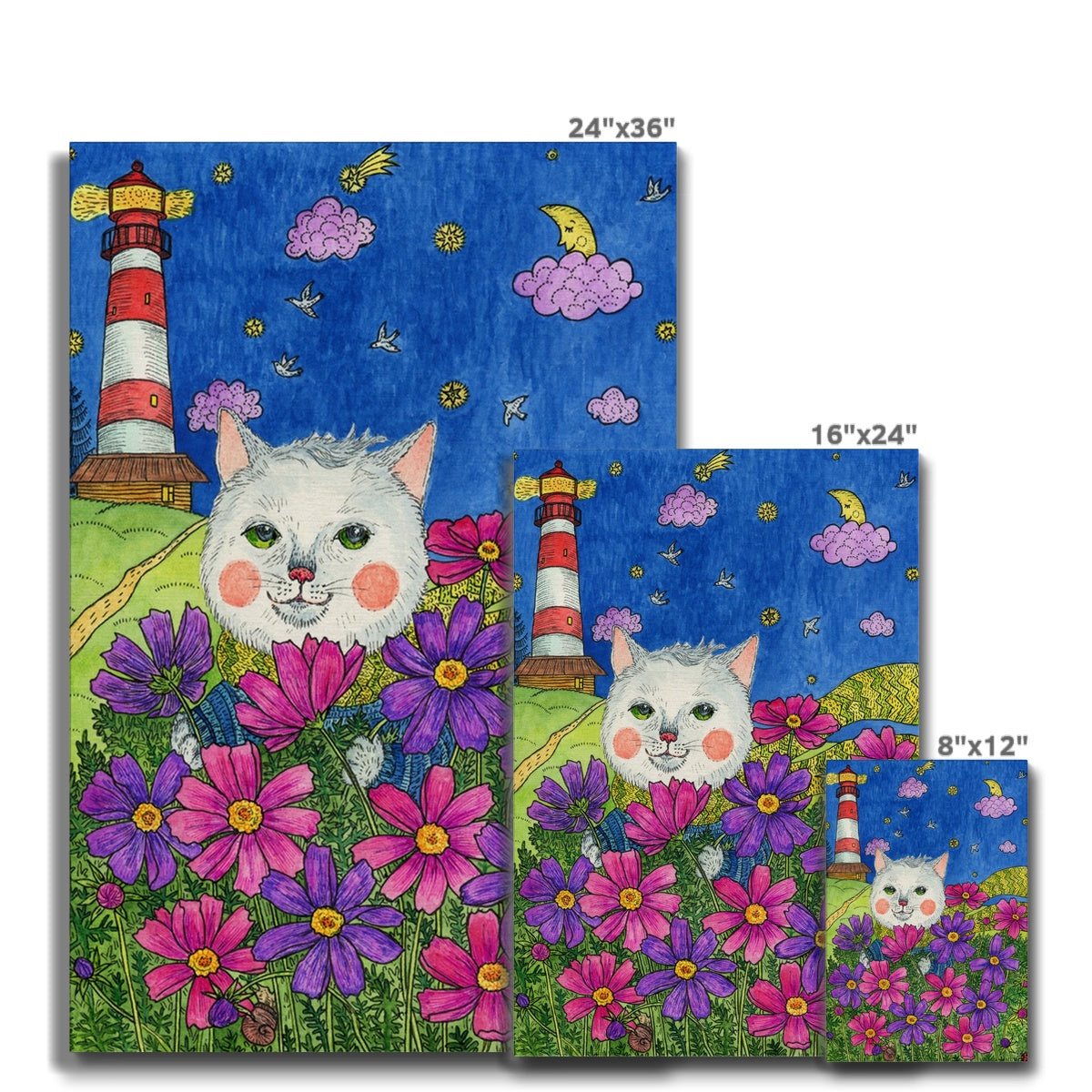 White Cat & Pink Purple Flowers Canvas