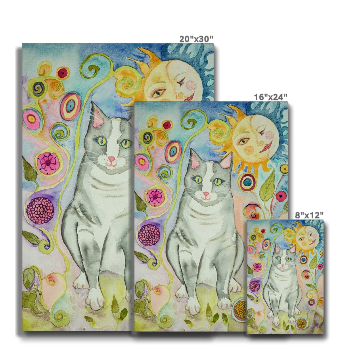 Grey Cat & Flowers Canvas