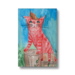 Pink Cat & A Leaf Painting Canvas