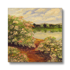 Scenic Lake & Flowers Oil Painting Canvas