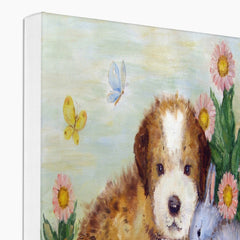 Puppy , Rabbits & Flowers Painting Canvas