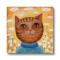 Brown Cat & Daisy Painting Canvas