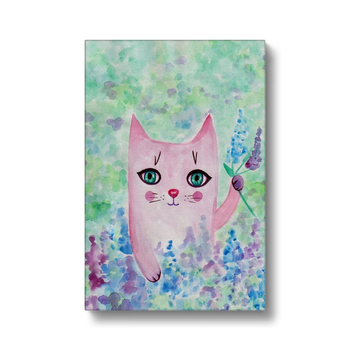 Pink Cat Holding Flowers Canvas