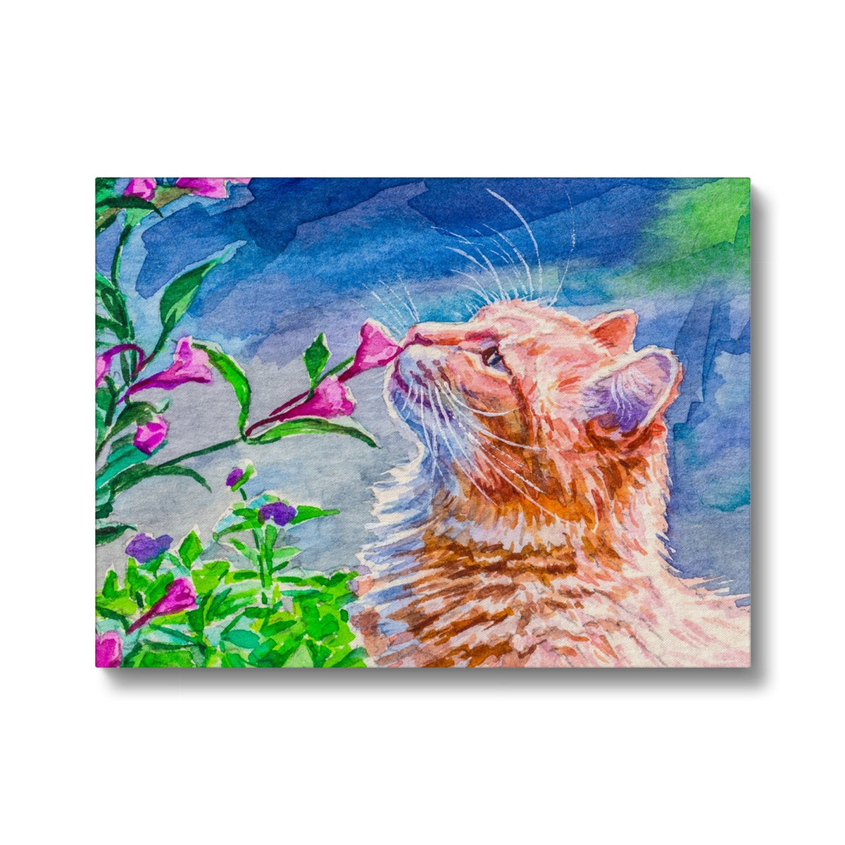 Cat & Pink Flowers Art Canvas