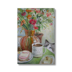 Cat, Vase & Coffee Painting Canvas