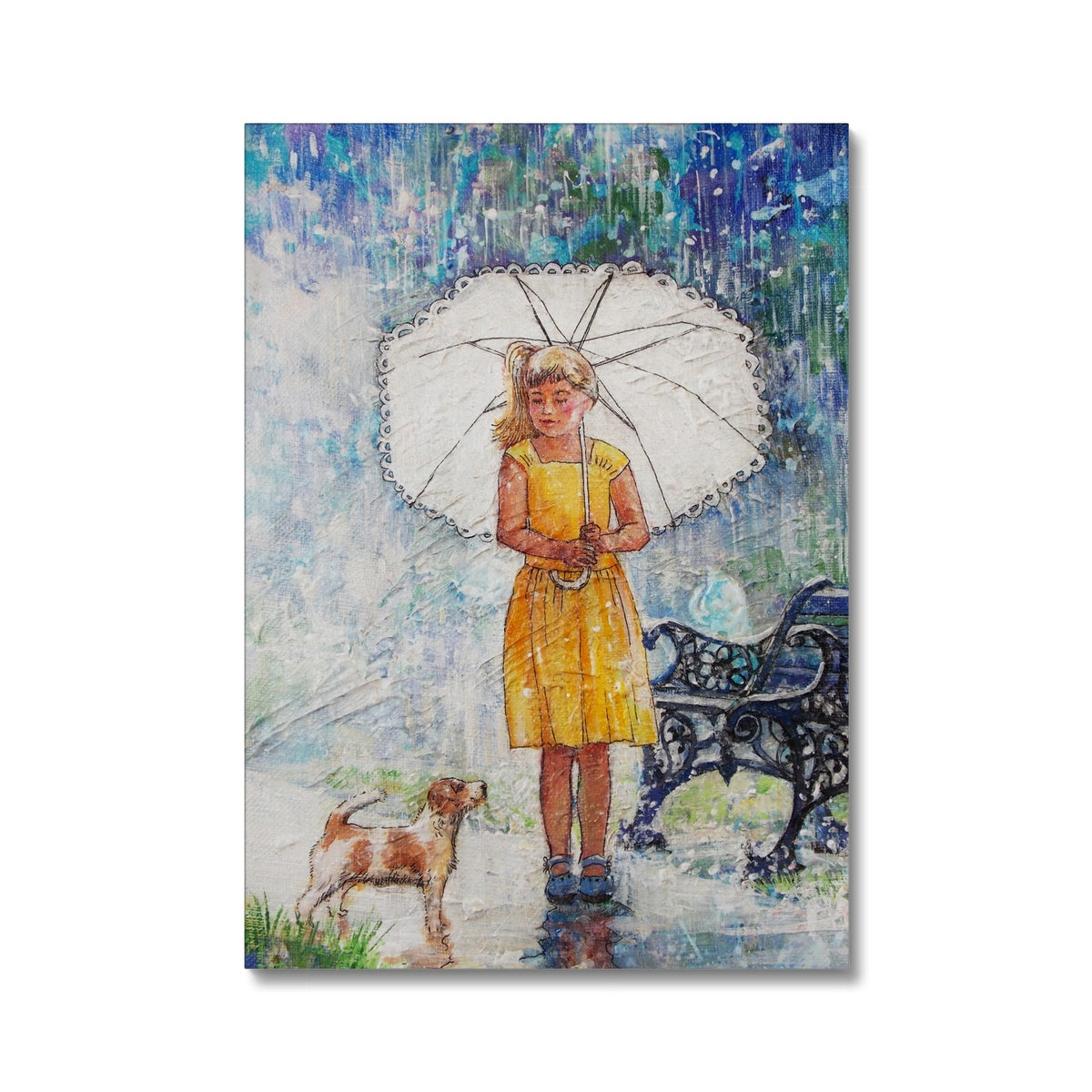 Girl & Puppy In Rain Canvas