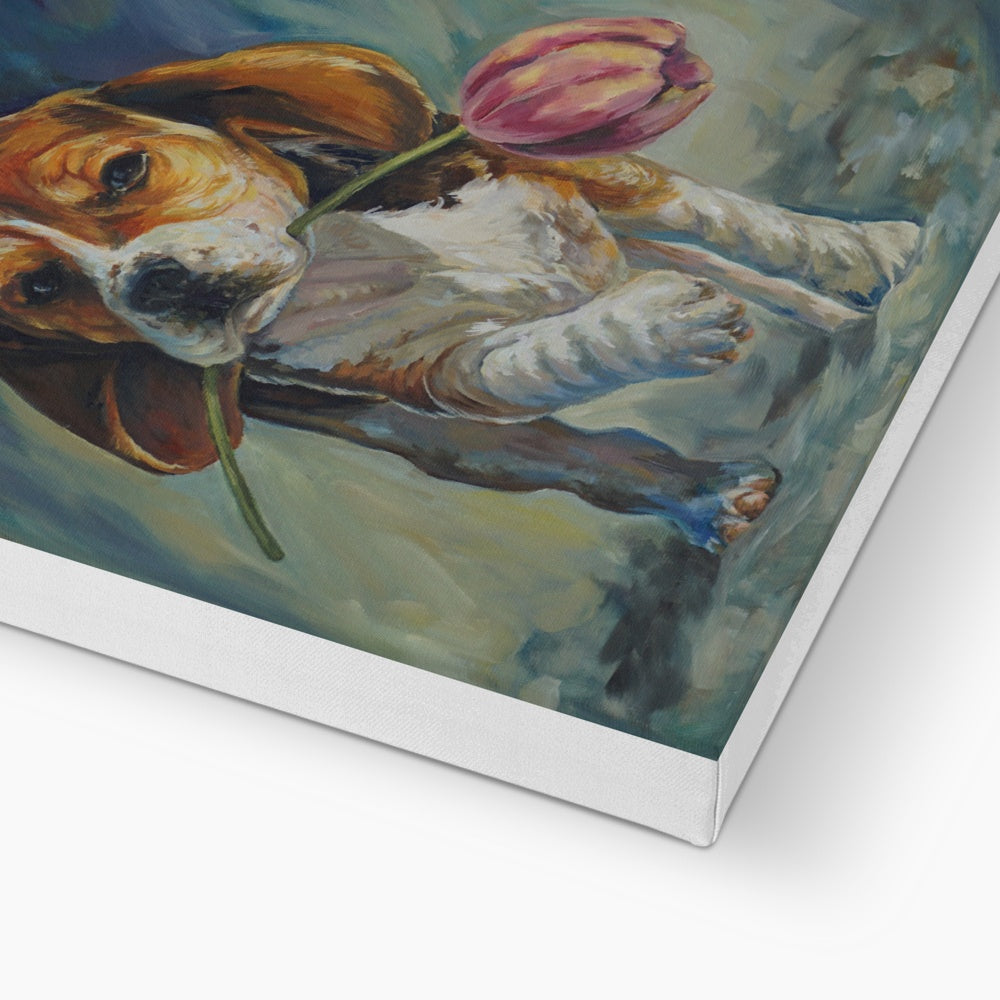 Basset Hound & A Flower Painting Canvas