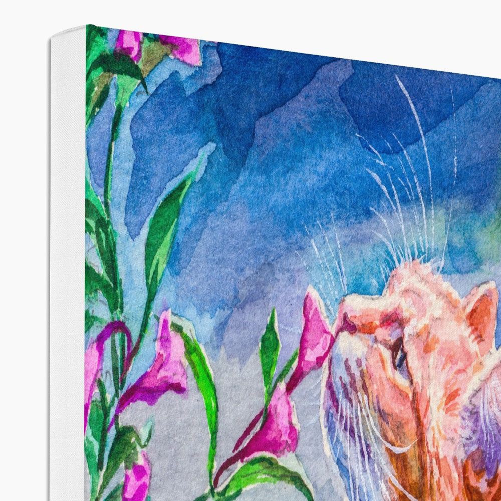 Cat & Pink Flowers Art Canvas