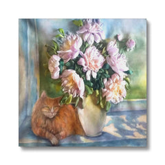 Orange Cat & Pink Flowers Canvas