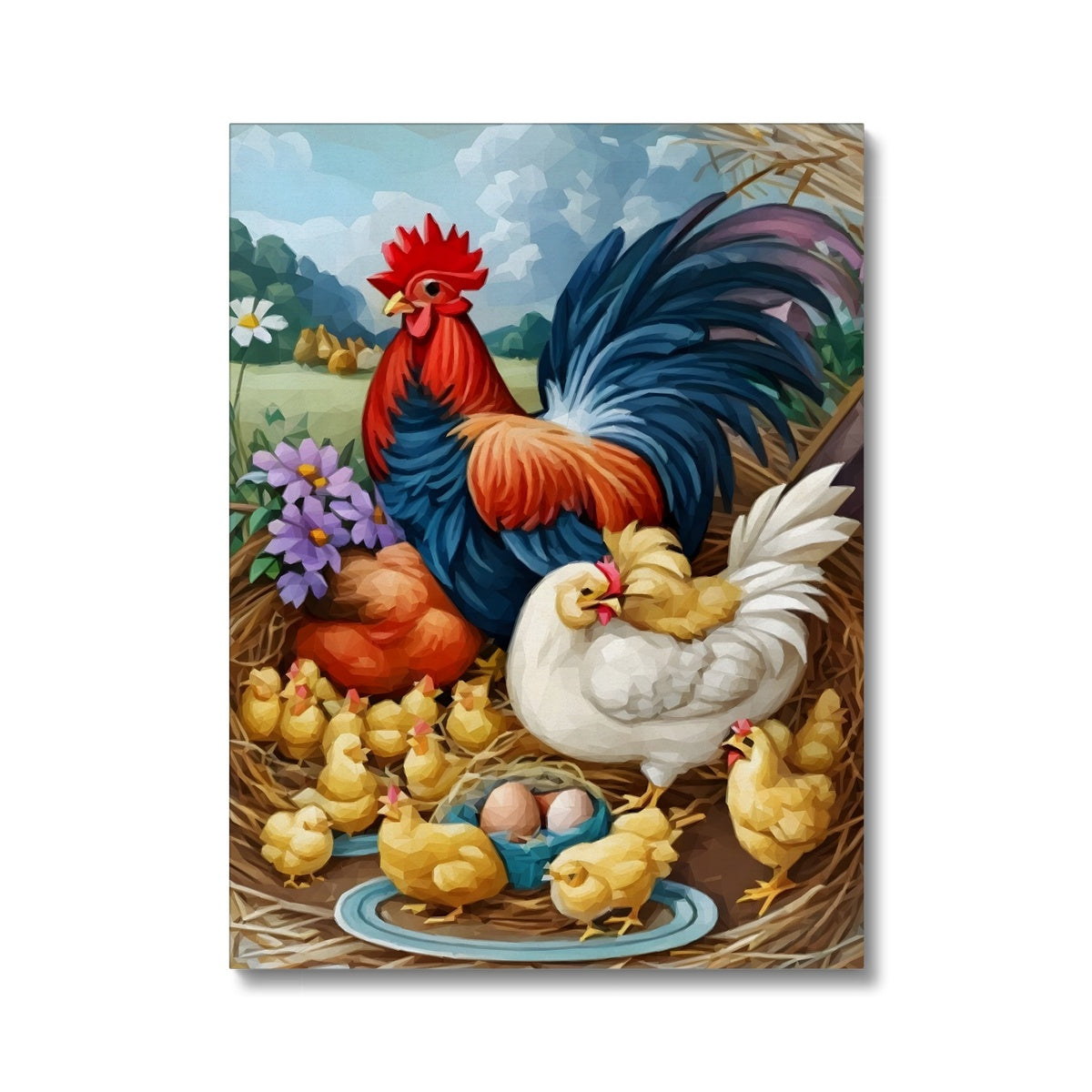 Flowers & Chicken Family Art Canvas