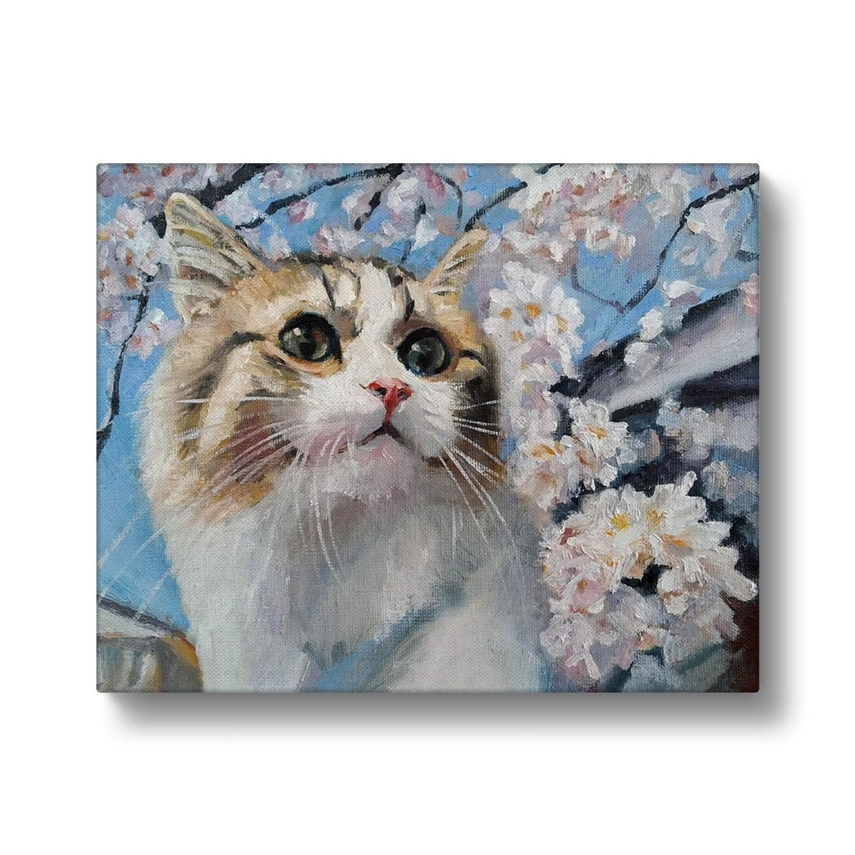 Cat & Cherry Blossoms Oil Painting Canvas