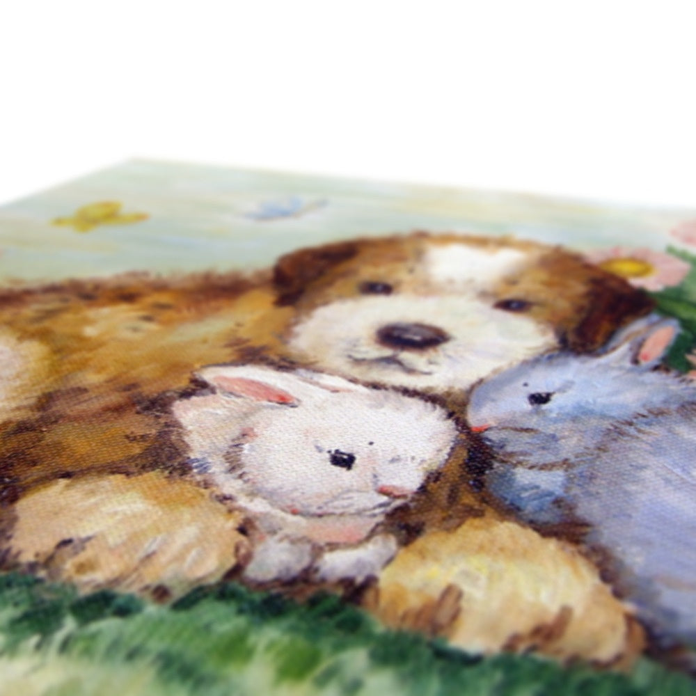 Puppy , Rabbits & Flowers Painting Canvas