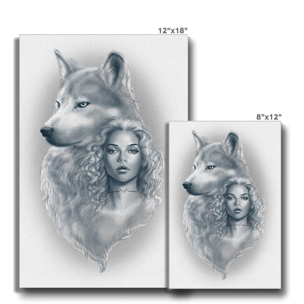 Sombre Wolf & Woman Portrait Canvas