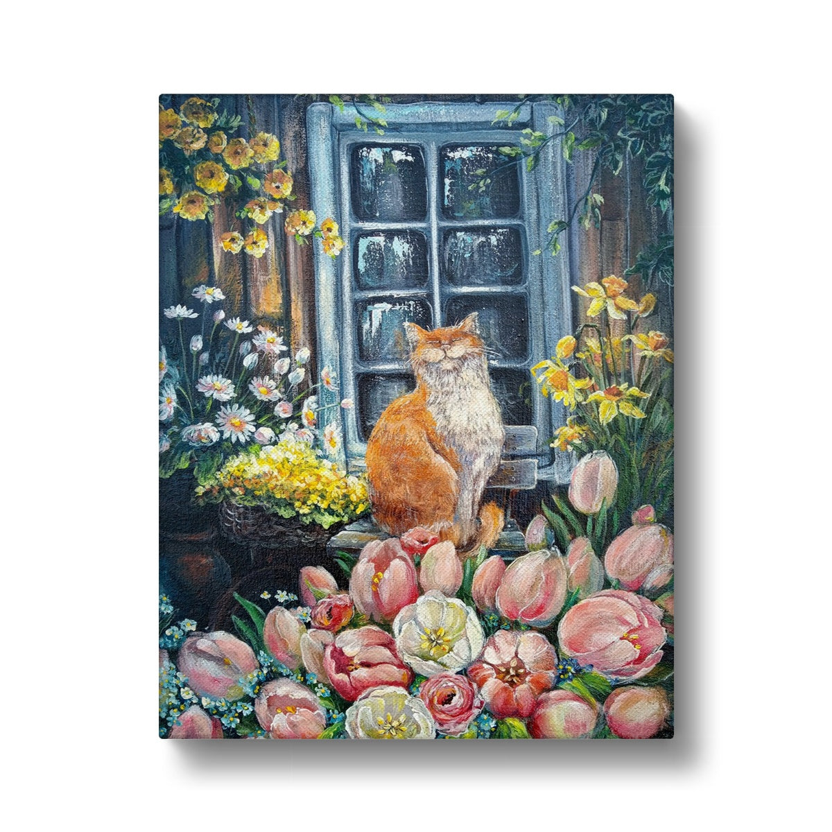 Orange Cat, Window & Flowers Canvas