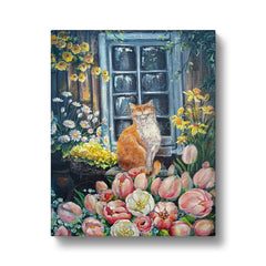 Orange Cat, Window & Flowers Canvas