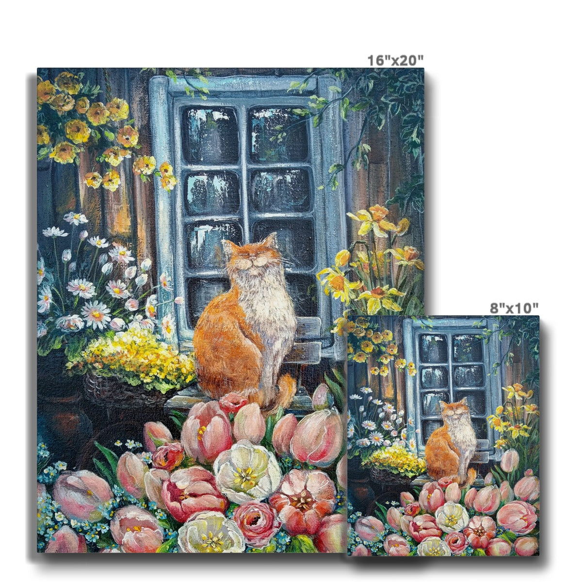 Orange Cat, Window & Flowers Canvas