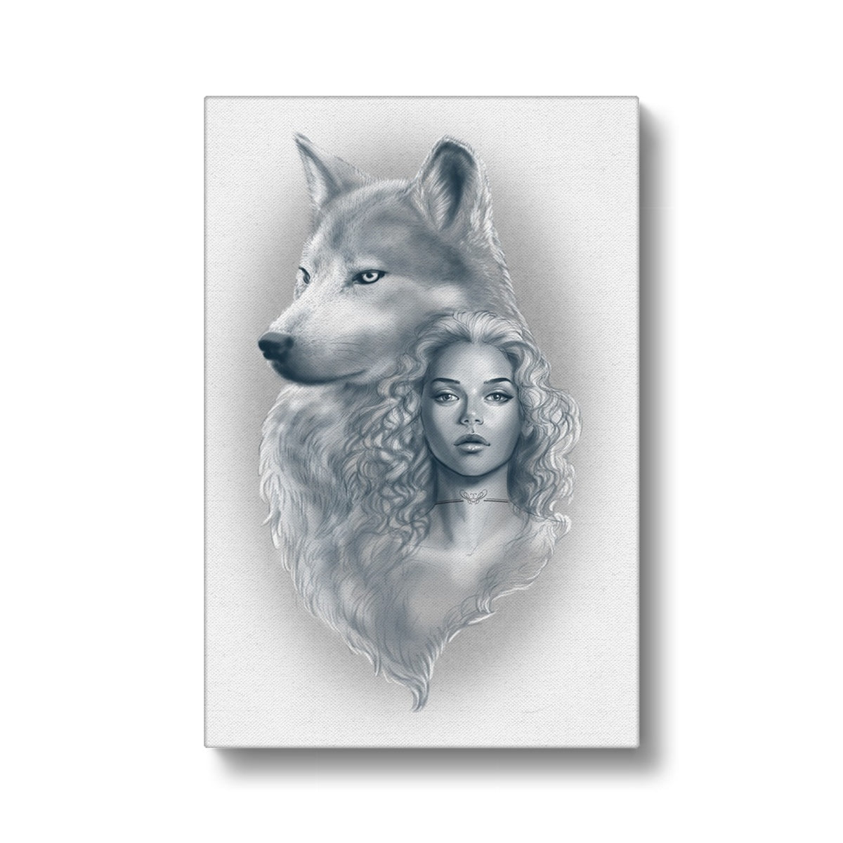 Sombre Wolf & Woman Portrait Canvas