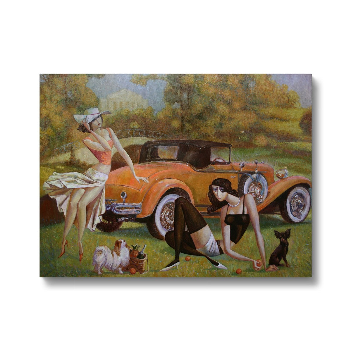 Ladies, Havanese & Car Portrait Canvas
