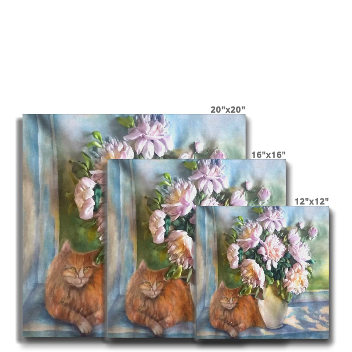 Orange Cat & Pink Flowers Canvas