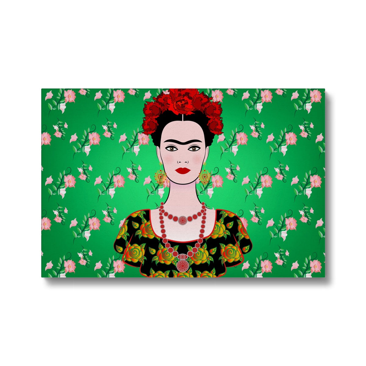 Green Floral Seamless Farida Kahlo Print Canvas