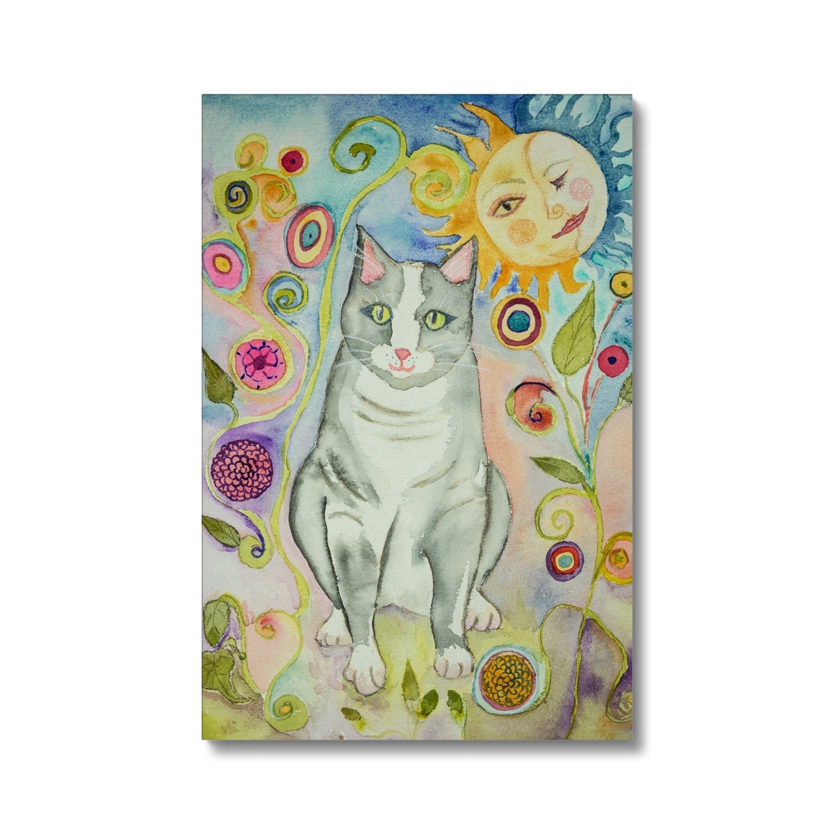 Grey Cat & Flowers Canvas