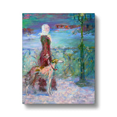 Lady With Her Dog On A Dog Walk Canvas