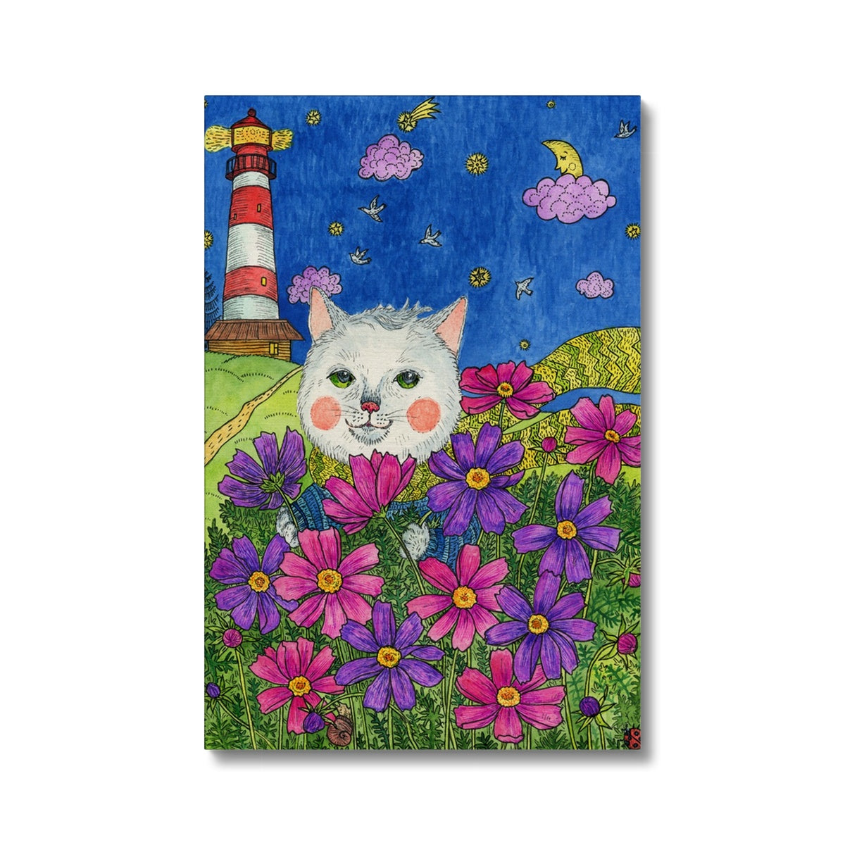 White Cat & Pink Purple Flowers Canvas